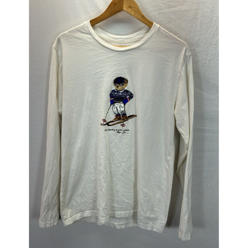Polo Bear Ralph Lauren T-Shirt Mens Medium White Holiday Winter Ski Long Sleeve